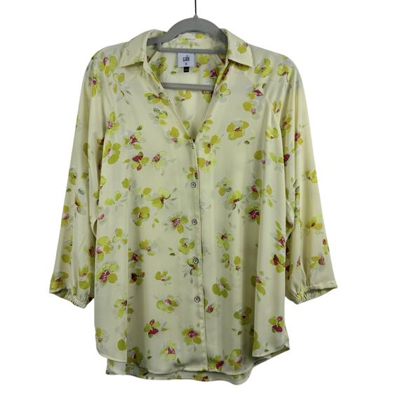 Cabi Yellow Floral Sheer Button Up Blouse XS Style 6294 Collared V Neck Office - Picture 1 of 12